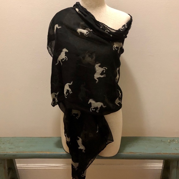 Horse Scarf Shawl Throw Black White Sheer - Picture 1 of 3